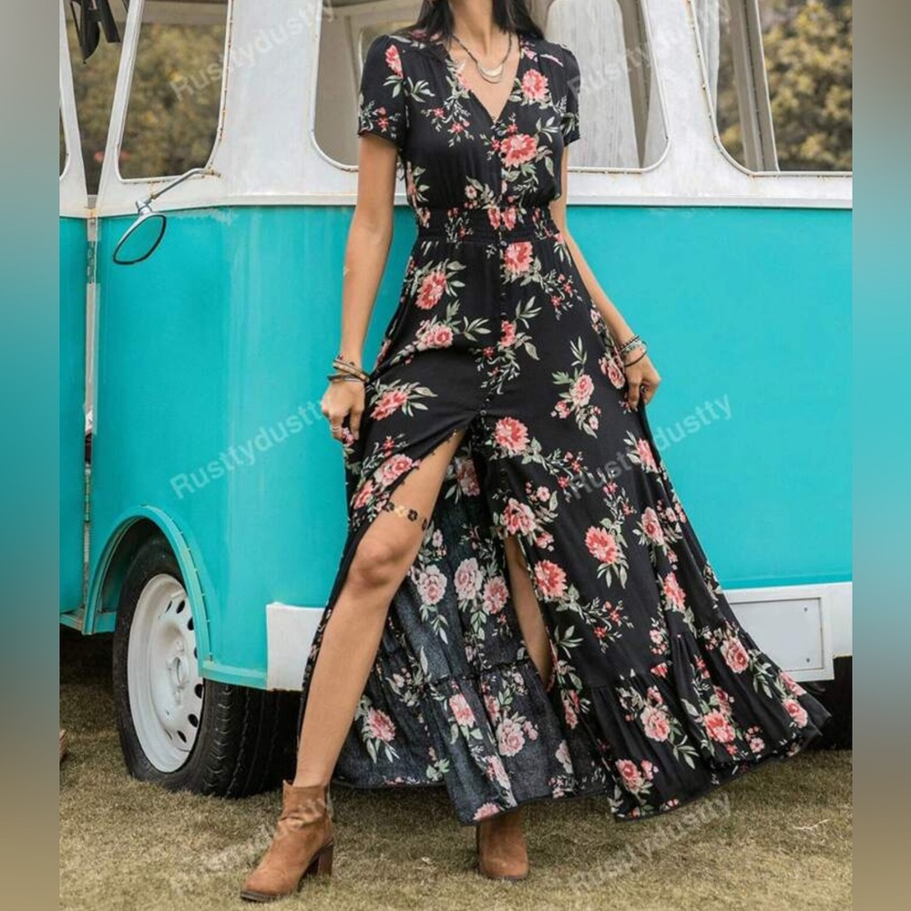 Floral button down boho dress